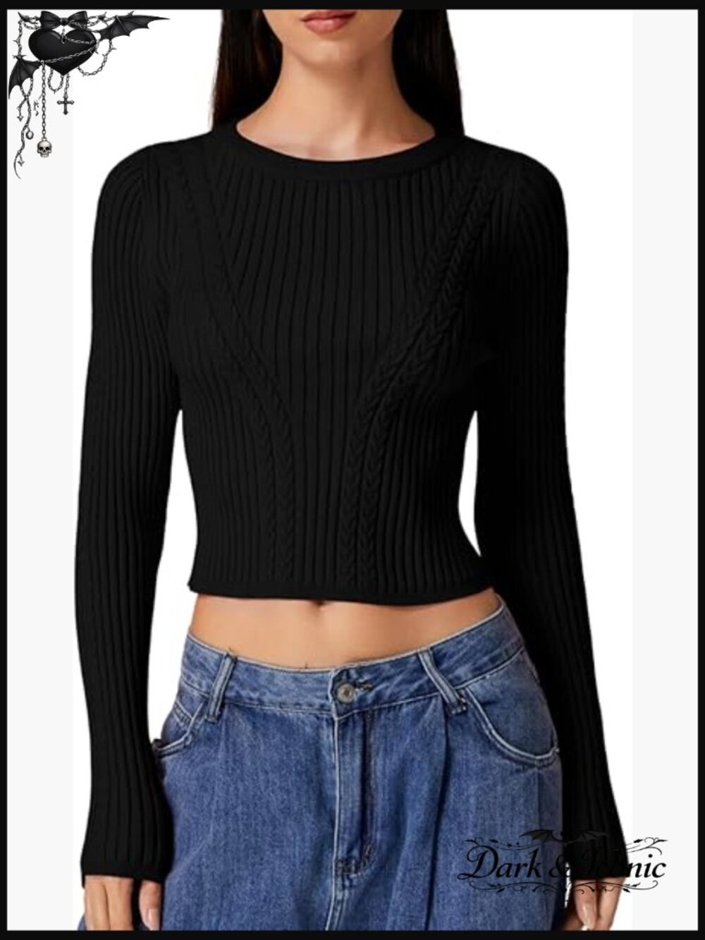 Cable Knit Crewneck Pullover Sweater Slim Fit Cropped Ribbed Hem